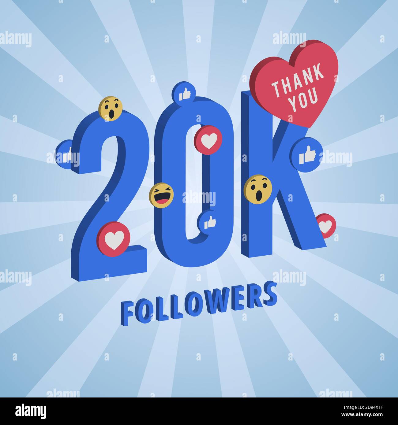 Banner sui social media con grazie per i 20.000 follower. Carta blu con 3D grazie per festeggiare tutti gli abbonati o i seguaci con semplice post. Illustrazione Vettoriale