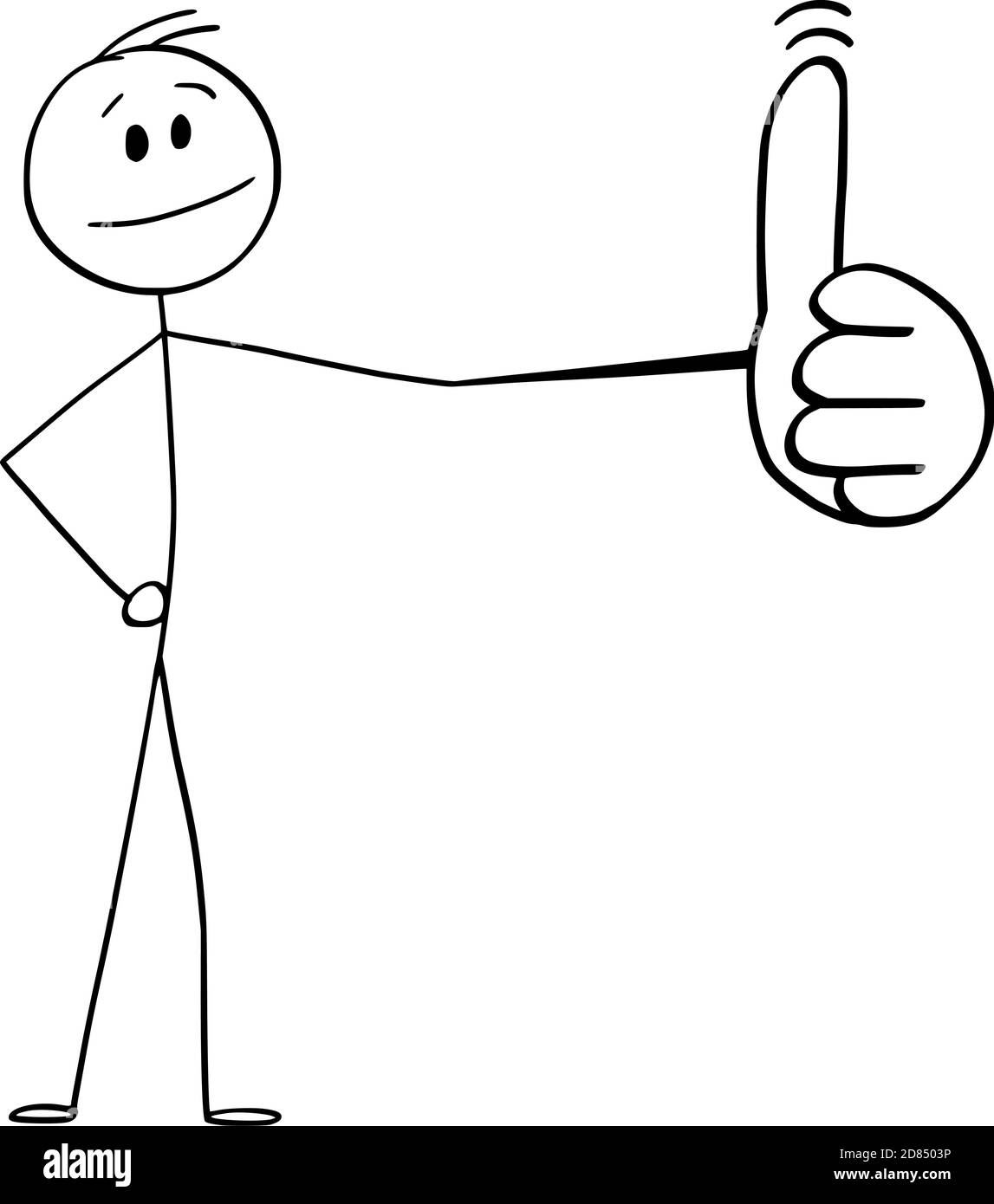 Figura del cartoon vettoriale del bastone dell'uomo o dell'uomo d'affari che mostra il grande pollice in su gesto. Simbolo di successo o positività. Illustrazione Vettoriale
