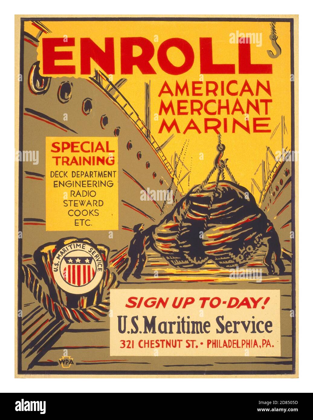 Vintage WW2 Propaganda Recruitment Poster USA Enroll American Merchant Marine Special training - reparto coperta, ingegneria, radio, steward, cuochi, ecc. : Iscriviti al giorno! World War II ,Glenn Stuart Pearce 1909-, artista Philadelphia, Pa. : War Services Project, [tra il 1941 e il 1943] Poster che incoraggia lavoratori qualificati a iscriversi al servizio marittimo degli Stati Uniti, 321 Chestnut St. Philadelphia, Pa., come parte dello sforzo di guerra, mostrando longshoremen che carica carro armato su nave. Foto Stock