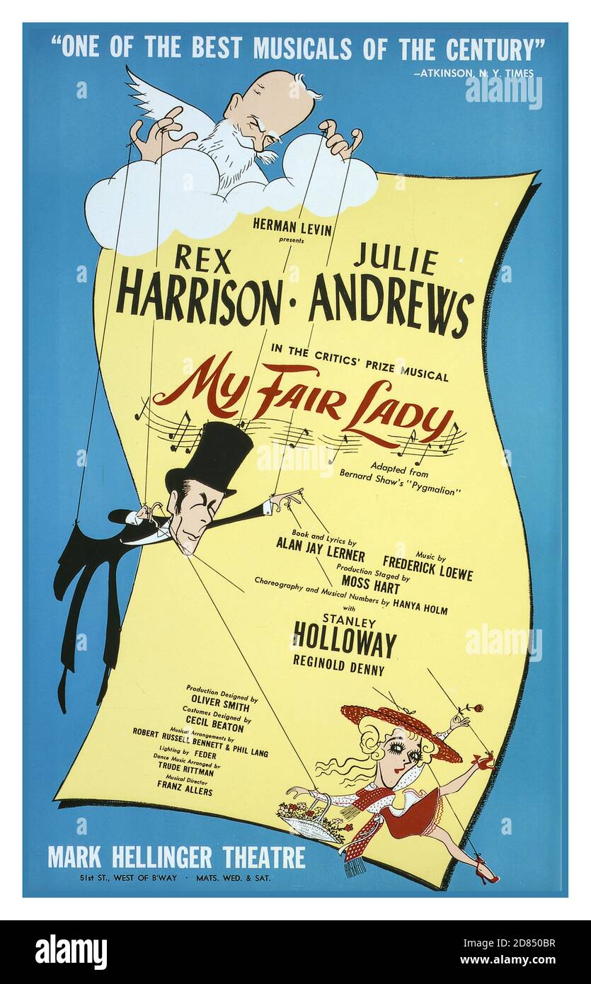 Poster teatrale d'epoca degli anni '50 per ‘My fair lady’ di al Hirschfeld, artista N.Y.C. : stampato da Artcraft Litho. E PTG. Co. Inc., [1956] poster del teatro che mostra il professor Henry Higgins (Rex Harrison) e Liza Doolittle (Julie Andrews) come marionette. Foto Stock