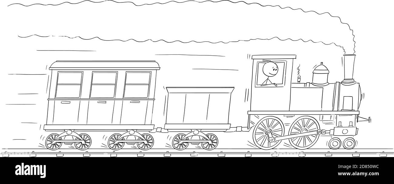 Figura del cartone vettoriale illustrazione di un uomo o di un ingegnere che guida il motore del treno a vapore o la locomotiva che gira su una linea ferroviaria. In allegato sono presenti un tender per carbone e un carro o un'auto per passeggeri. Illustrazione Vettoriale