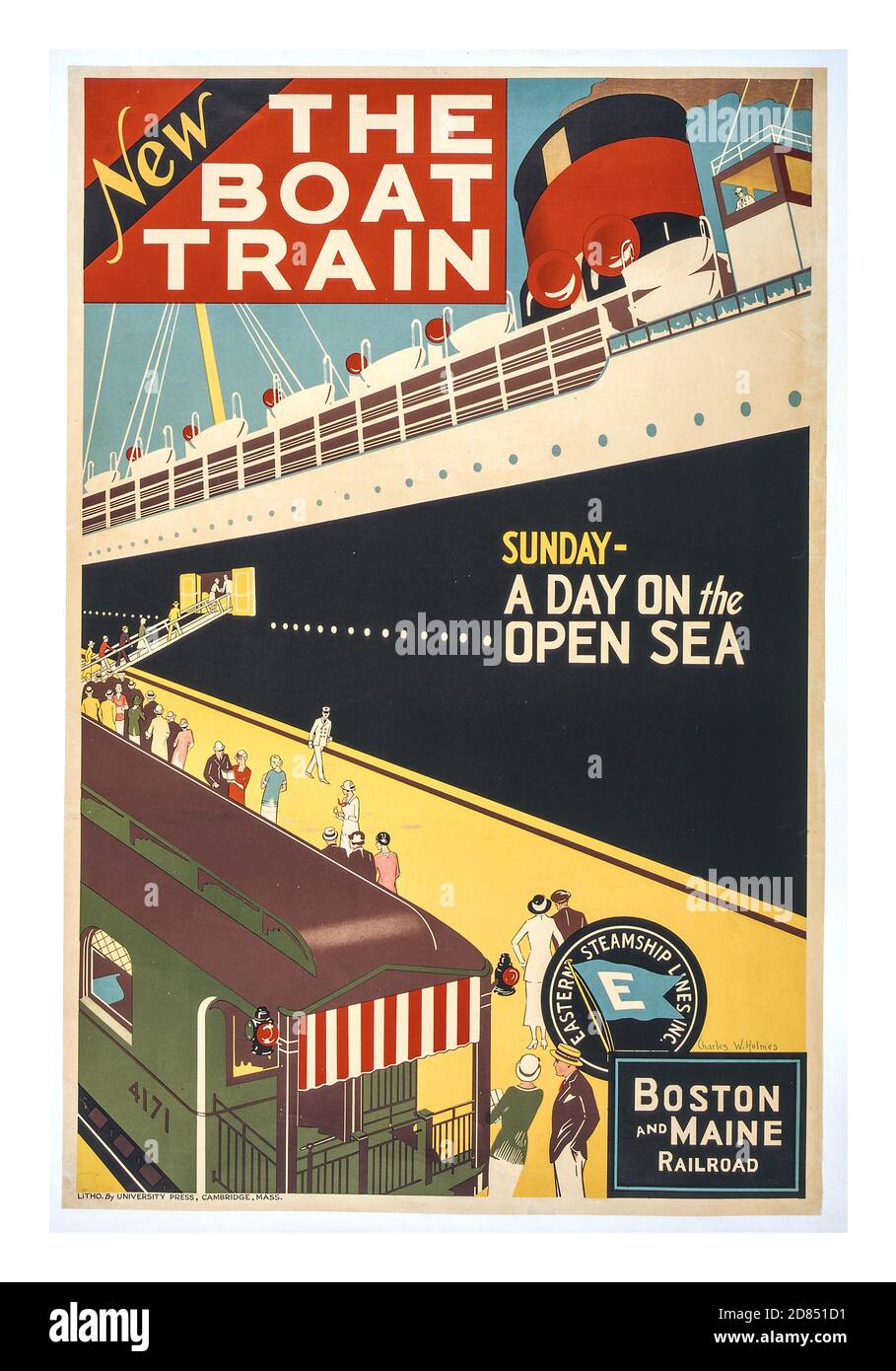 Poster di viaggio Vintage 1920 (nuovo). Il treno della barca. Domenica - un giorno in mare aperto dell'artista Charles W. Holmes ; Litho. Di University Press, Cambridge, Mass.Boston e Maine Railroad Stati Uniti : s.n., ca. 1925] (poster) : litografia, poster a colori che mostra un treno a fianco di una nave da crociera, con passeggeri nel mezzo dell'imbarco sulla nave da crociera Foto Stock