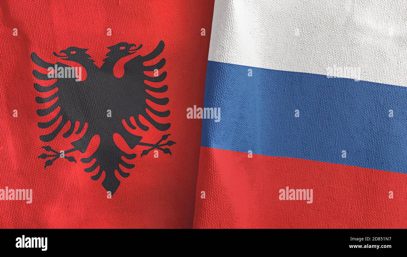 Russia e Albania due bandiere tessuto tessuto rendering 3D Foto Stock