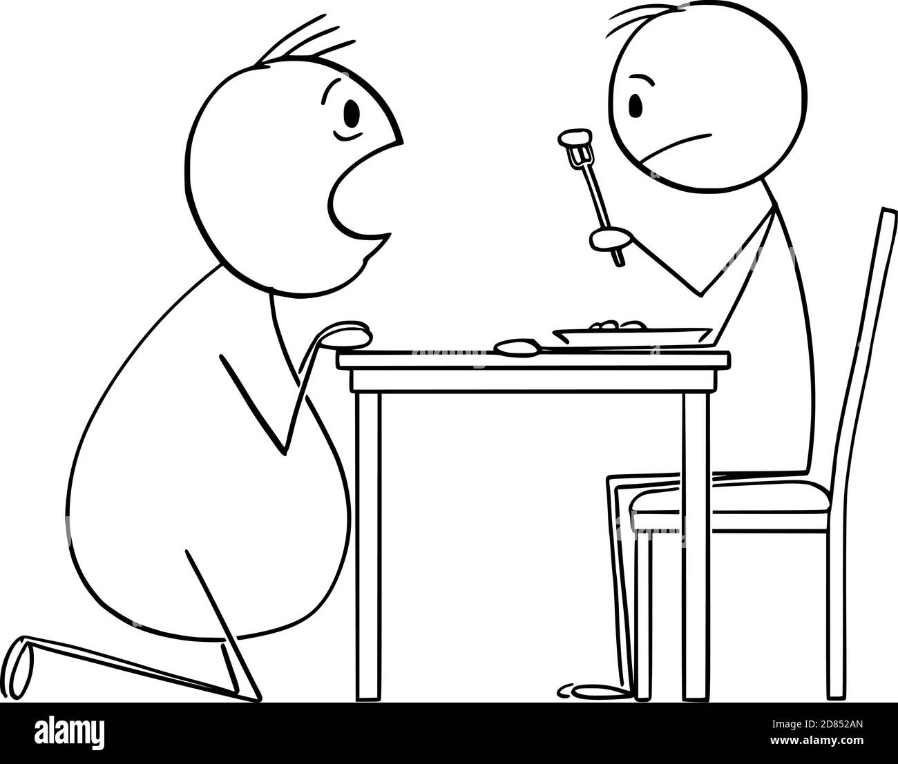 Figura del cartoon vettoriale di figura del grassoso uomo affamato che scrosta il cibo da uomo sottile che mangia il suo pranzo. Illustrazione Vettoriale