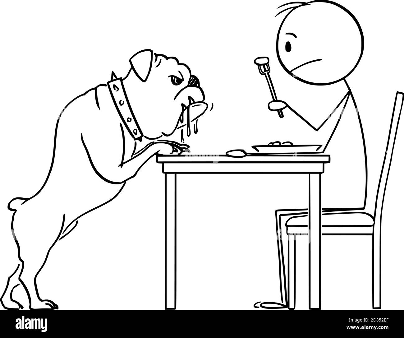 Vettore cartoon figura bastone illustrazione di uomo che mangia il suo pranzo e salivante cane bulldog è guardare lui e scrostare per il cibo. Illustrazione Vettoriale