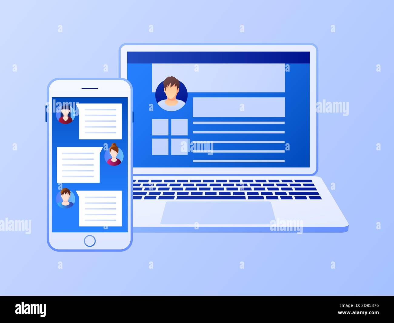 Smartphone con computer portatile su sfondo semplice. Concetto di marketing sui social media. Design piatto con gradiente. Vettore moderno. Illustrazione Vettoriale