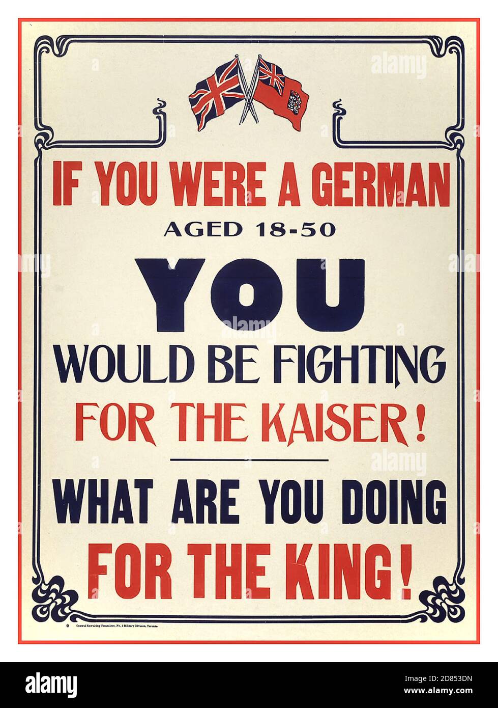 Vintage 1914 WW1 British Recruiting Propaganda Poster prima guerra mondiale ‘ se fossi un tedesco di 18-50 anni SI sarebbe lotta per il Kaiser, cosa stai facendo per il re’? Foto Stock