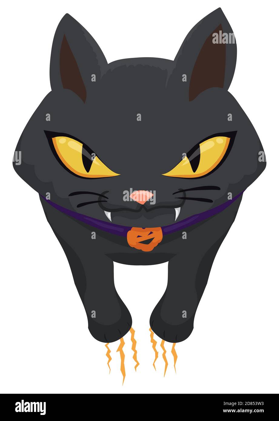 Gatto nero con colletto viola con medaglione di zucca e atteggiamento furioso, graffiando lo spazio vuoto. Illustrazione Vettoriale