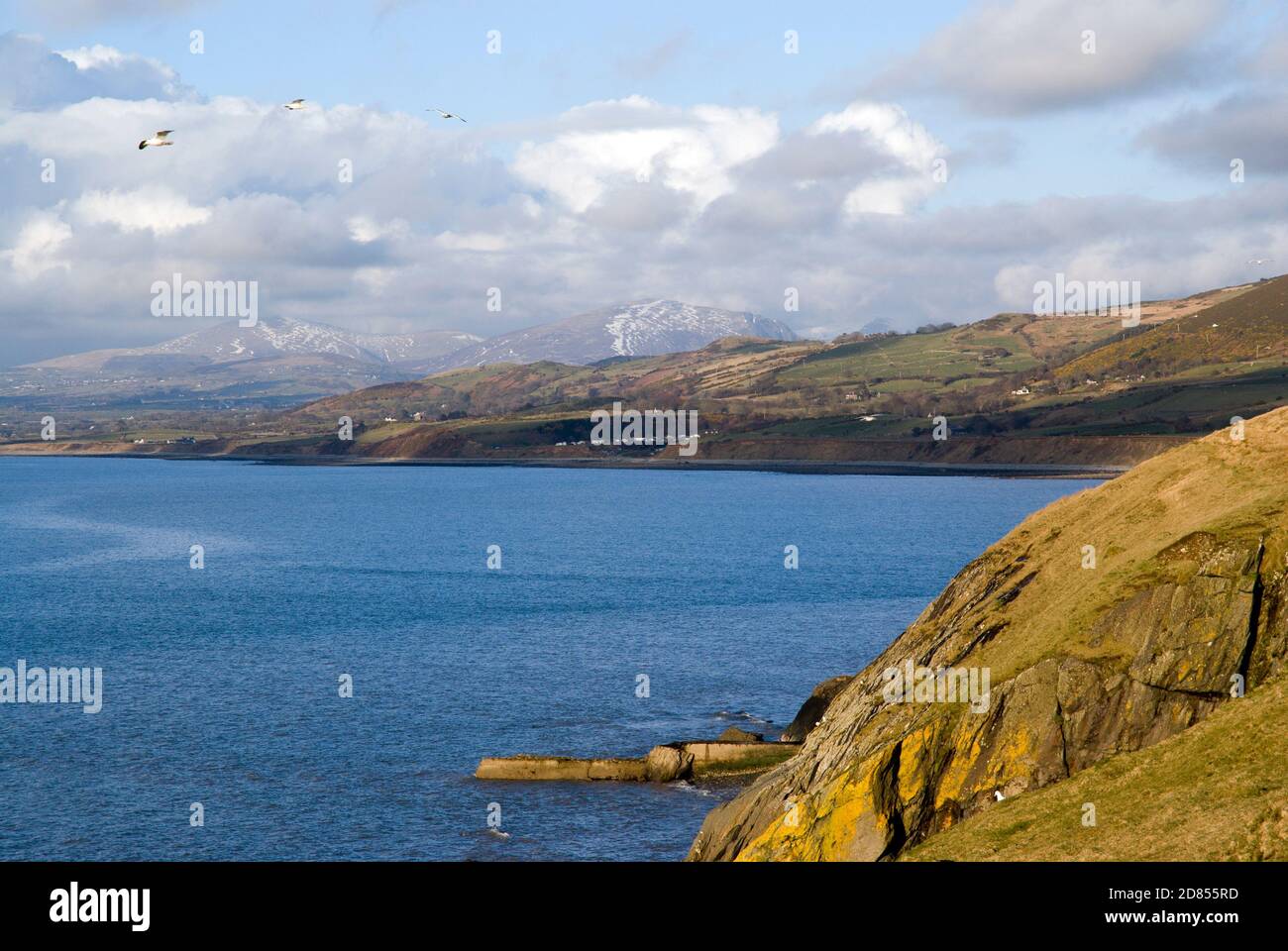Baia di Caernarfon con snowdon innevato a distanza dal sentiero costiero di Llyn, Morfa, Trefor, Lleyn Peninsula, Gwynedd, Galles del Nord. Foto Stock