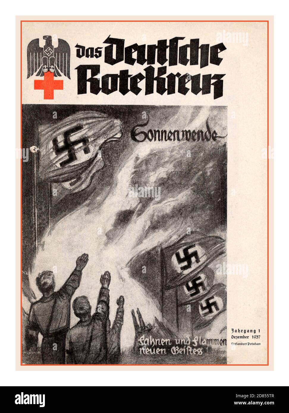 WW2 la Croce Rossa nazista vintage la copertina della propaganda tedesca con la Swastika Flags nazista e Heil Hitler saluta la rivista tedesca di copertina rossa ‘ Flags and Flames’ ‘New Help’ degli anni trenta. Germania 1937 Foto Stock