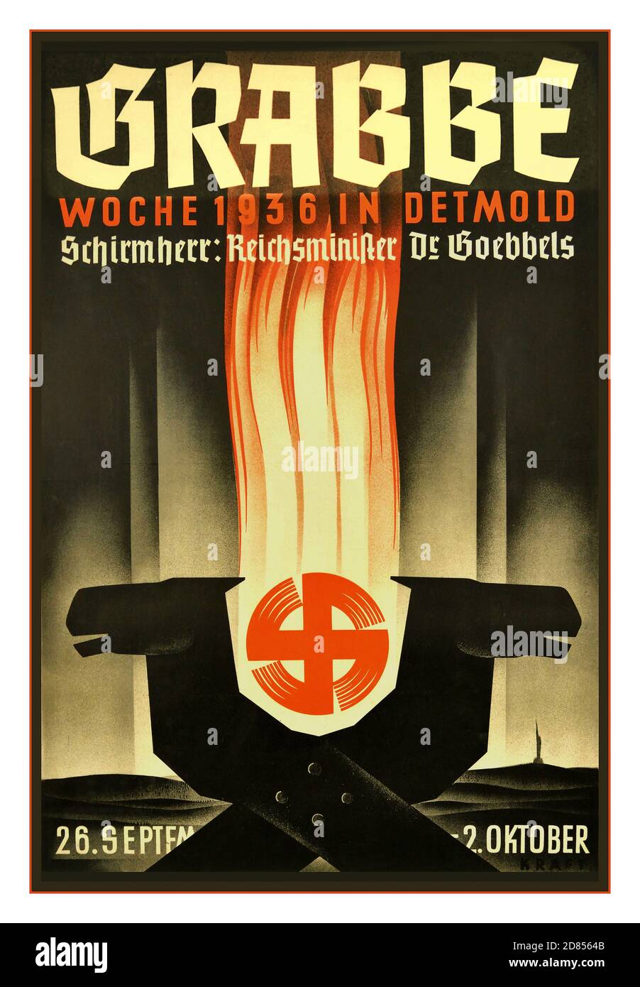 Manifesto di propaganda vintage del crogiolo e della swastika del fuoco rilasciato in Germania nazista - Grabe-Woche in Detmold 26.09. - 2.10.1936. Promosso da Schirmherr Reichsminister Dr Goebbels - Hermannsschlacht è il titolo di un dramma storico di Christian Dietrich Grabbe , che si occupa della storica battaglia tra il principe di Cheruscano Arminius (Hermann) e l'esercito romano sotto Varus nell'anno 9 d.C. Adottata per la scena, la produzione è stata mostrata il 2 ottobre 1936 come un festival di spettacolo durante LA settimana GRABE lontano a destra riunione e rappresentazione visiva del simbolismo nazista Foto Stock