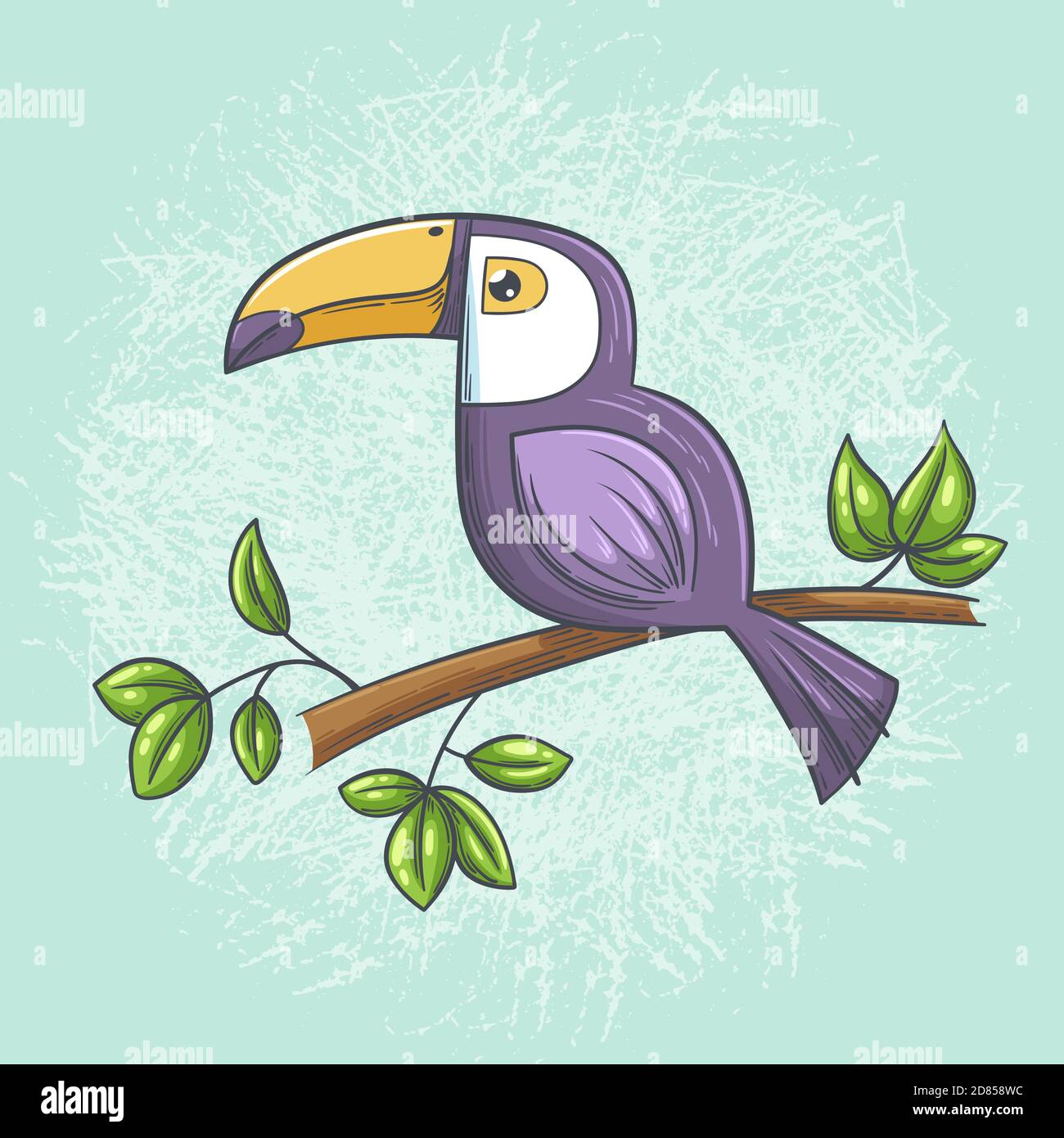 Toucan in una filiale. Illustrazione vettoriale disegnata a mano con livelli separati. Illustrazione Vettoriale