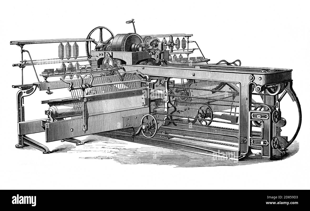 Un mulo da filatura del 19 ° secolo che filma fibre tessili dalla macchina di cotone Fly telaio che attinge e attorciglia il film gossamer fine (nastro), in filo. Foto Stock