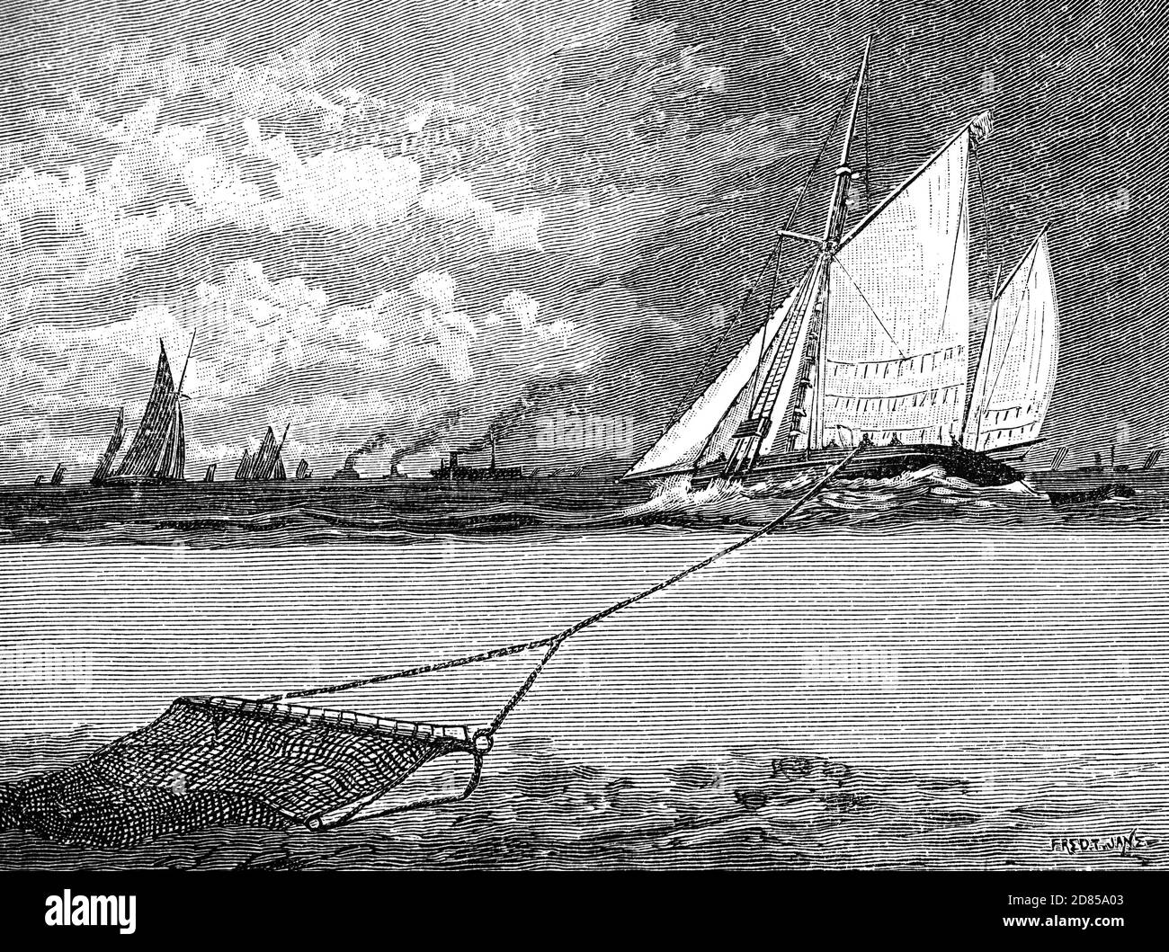 Un sacco di pesca del 19 ° secolo, una barca da pesca tradizionale utilizzato al largo della costa della Gran Bretagna a strascico il fondale marino per la sua cattura. Foto Stock