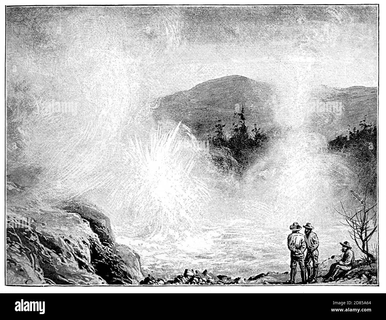 Un'illustrazione del diciannovesimo secolo di un geyser nella zona vulcanica di Taupo si trova sull'Isola del Nord della Nuova Zelanda. All'inizio del XX secolo, il più grande geyser mai conosciuto, il Waimangu Geyser esisteva in questa zona. Ha iniziato a eruttare nel 1900 e ha eruttato periodicamente per quattro anni fino a quando una frana ha cambiato la tavola idrica locale. Le eruzioni di Waimangu raggiungerebbero tipicamente 160 metri (520 piedi) e alcuni superburst sono conosciuti per avere raggiunto 500 metri (1,600 piedi). Foto Stock