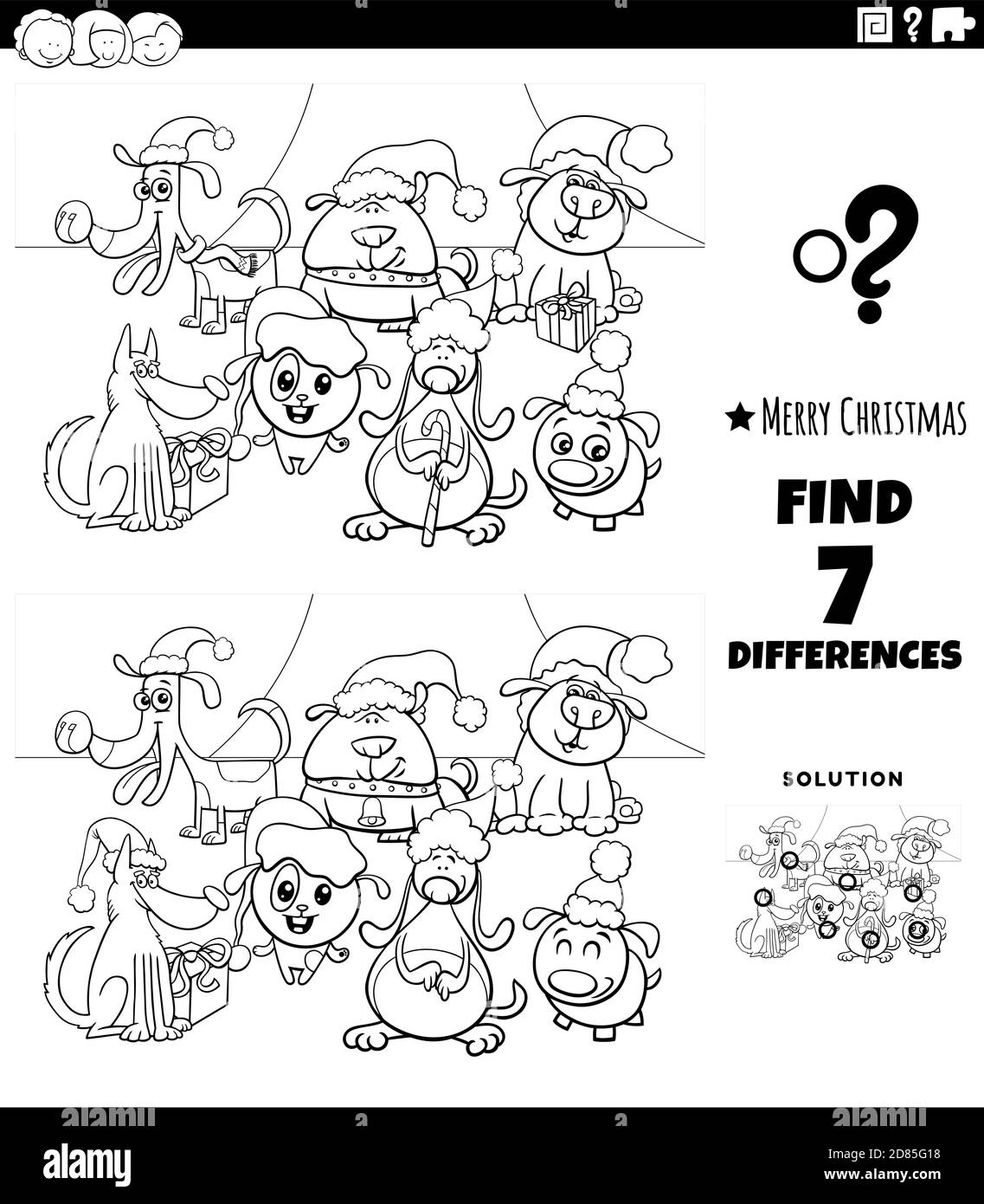 Cartoni animati in bianco e nero che illustra come trovare le differenze tra le immagini Gioco educativo per bambini con carino gruppo di cani il Natale tempo colo Illustrazione Vettoriale