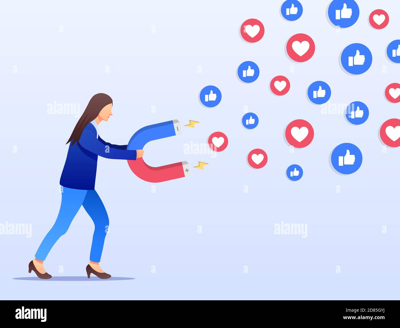Concetto di marketing sui social media. Giovane donna d'affari attrae i gradisce e gli amori con un magnete enorme. Design piatto. Illustrazione vettoriale Illustrazione Vettoriale
