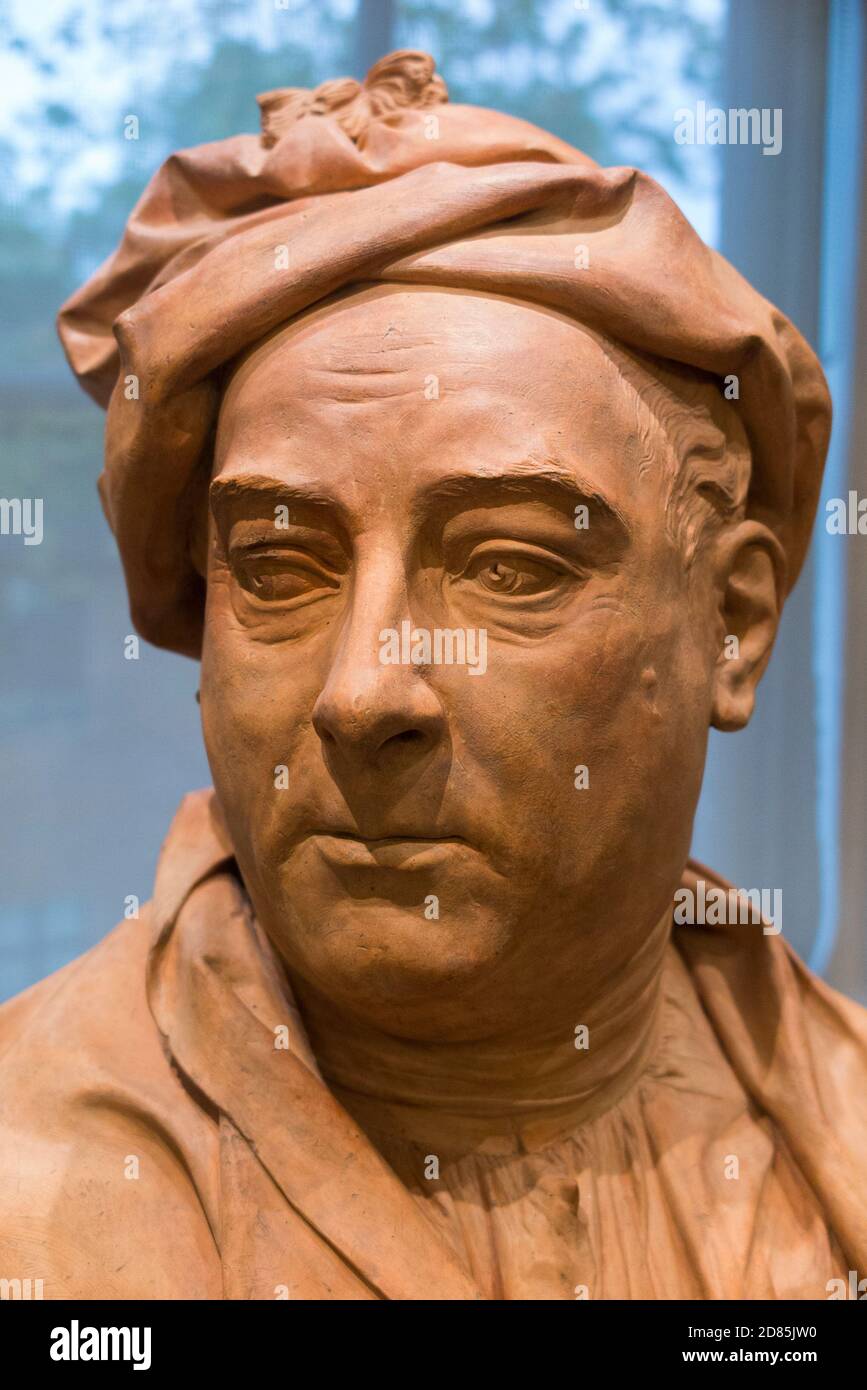 Busto di terracotta di George Frederic Handel, il compositore, di Louis François Roubiliac, in mostra al museo di Foundling, 40 Brunswick Square, Bloomsbury, Londra WC1N 1AZ, che racconta la storia del Foundling Hospital. UK (122) Foto Stock