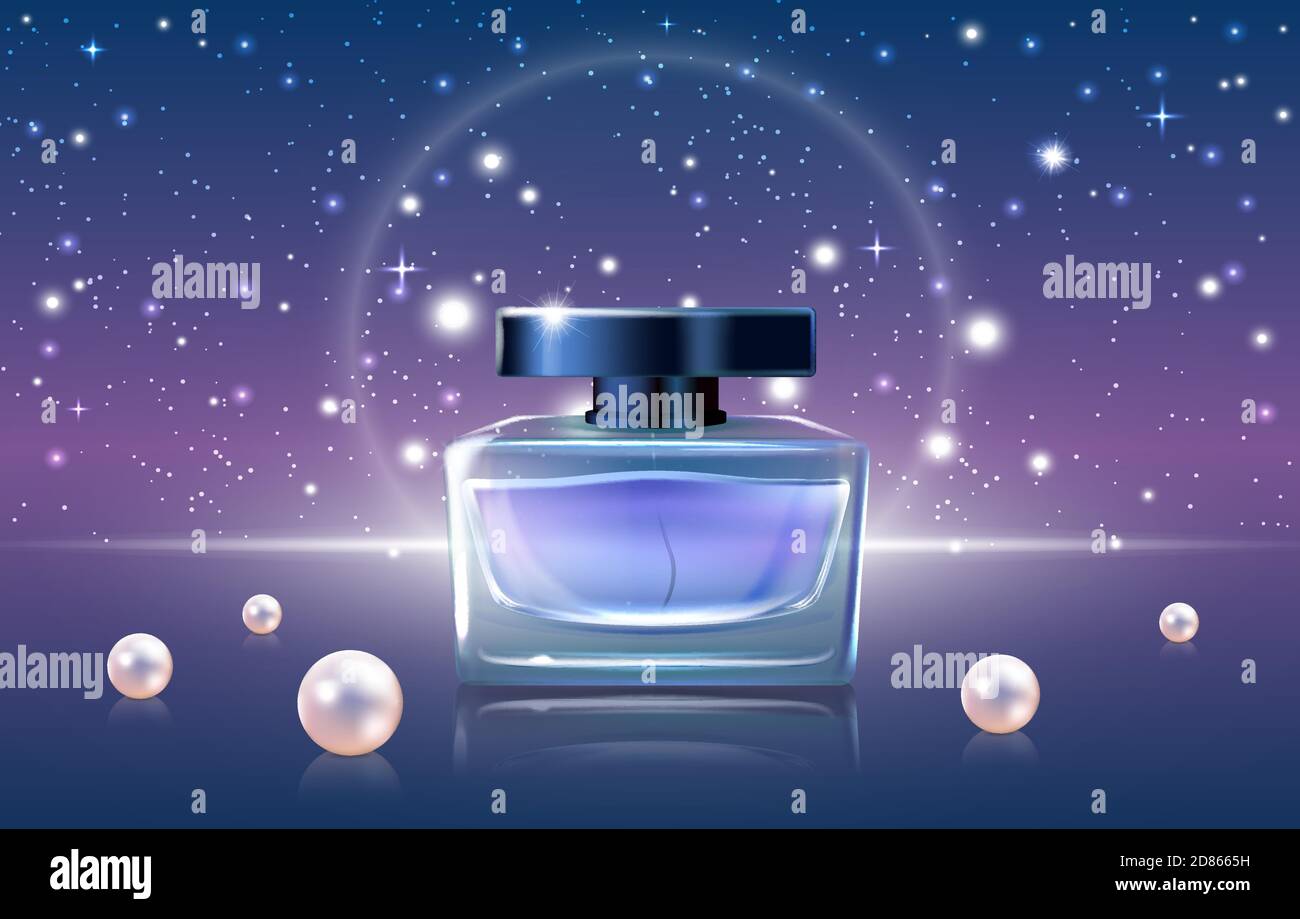 Illustrazione vettoriale dei cosmetici con profumo blu. annunci profumati 3d di lusso realistici design promo sfondo con vaso di vetro mockup bottiglia, cielo notturno o spazio aperto, luccicanti bokeh stelle elementi e perle Illustrazione Vettoriale