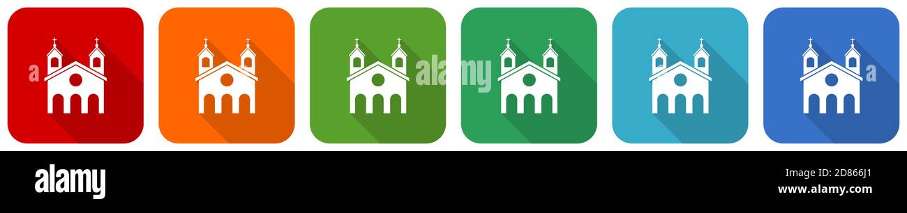 Religione, set di icone per la chiesa, illustrazione vettoriale di design piatto in 6 colori per applicazioni di webdesign e mobile Illustrazione Vettoriale