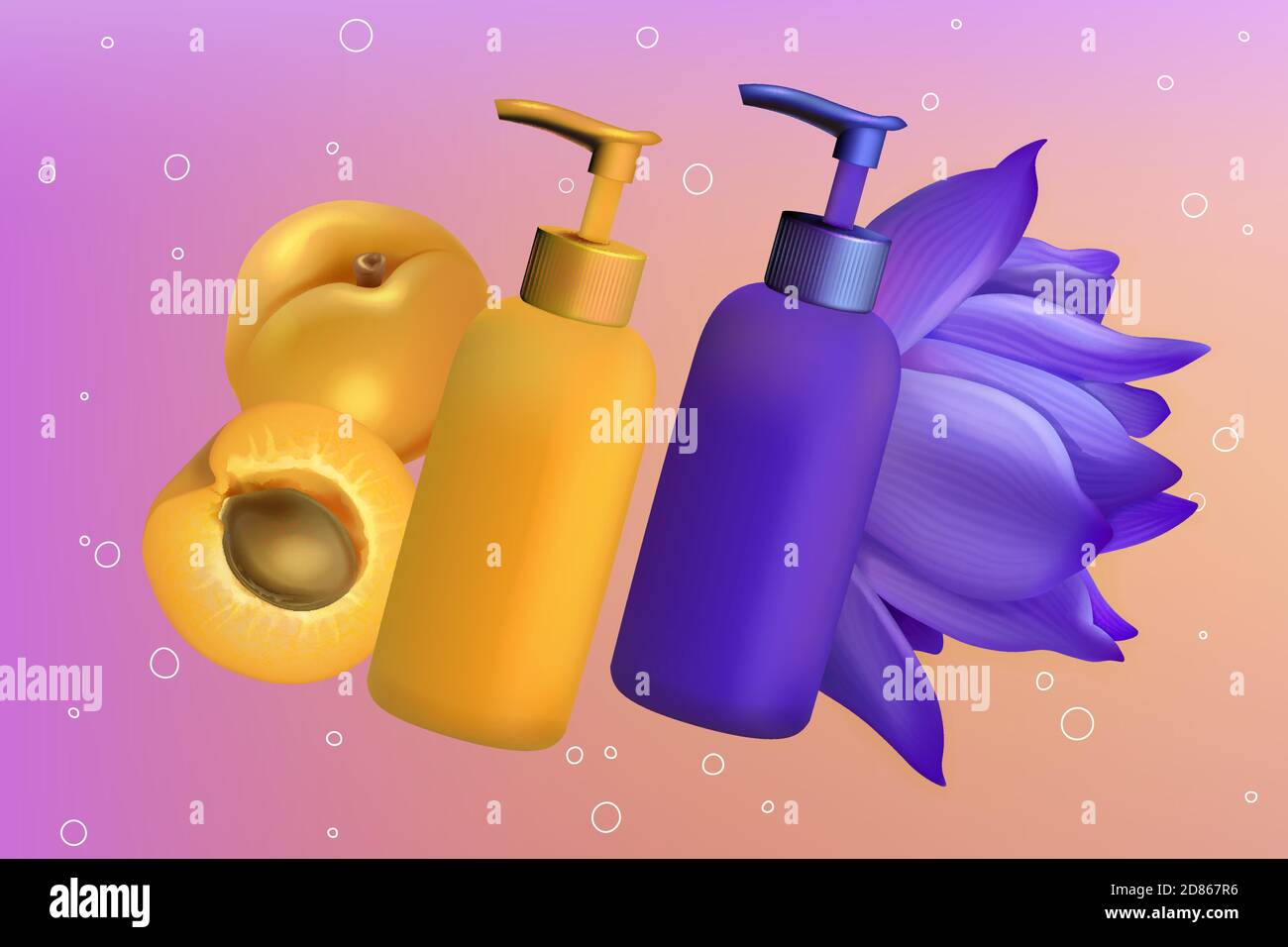 Giglio di albicocca ingredienti in skincare cosmetic prodotto illustrazione vettoriale. Cura del corpo o dei capelli della pelle in bottiglie realistiche 3d, frutta di albicocca matura tagliata a fette e fiori di giglio viola sfondo poster Illustrazione Vettoriale