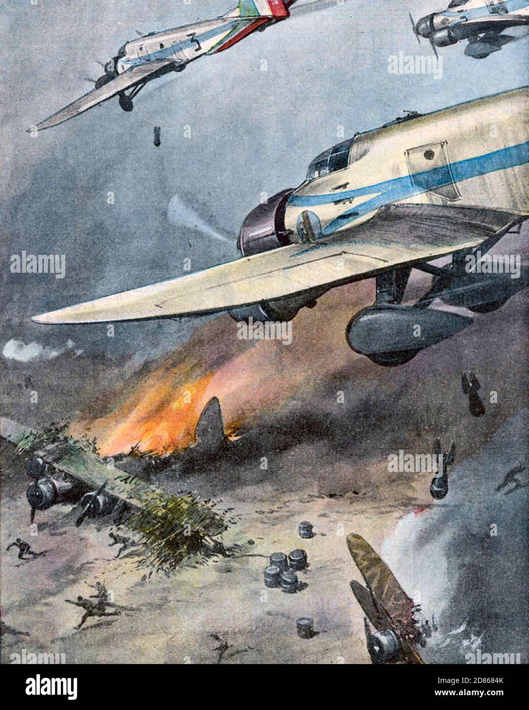 AEREI ITALIANI attaccano un campo d'aviazione etiope nel 1935 in un'illustrazione per una rivista italiana. Foto Stock