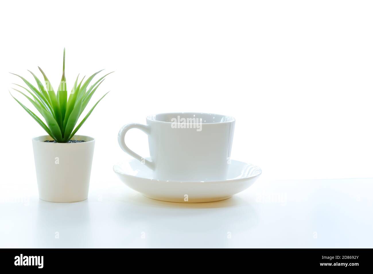 Una tazza di caffè in ceramica bianca e un cactus verde su un tavolo bianco in una moderna caffetteria, isolato su sfondo bianco con percorso di ritaglio. Foto Stock