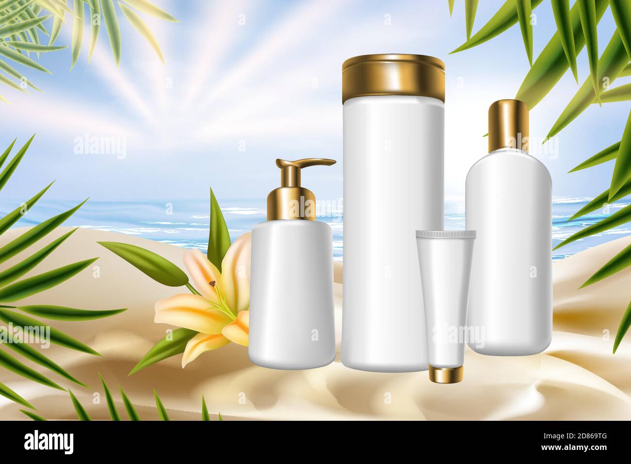 Illustrazione vettoriale della serie Lily Cosmetic Packaging. confezioni 3d realistiche bottiglie in plastica per la cura della pelle del corpo o prodotto di trattamento con fondo tropicale naturale giglio fiore floreale cosmetologia Illustrazione Vettoriale