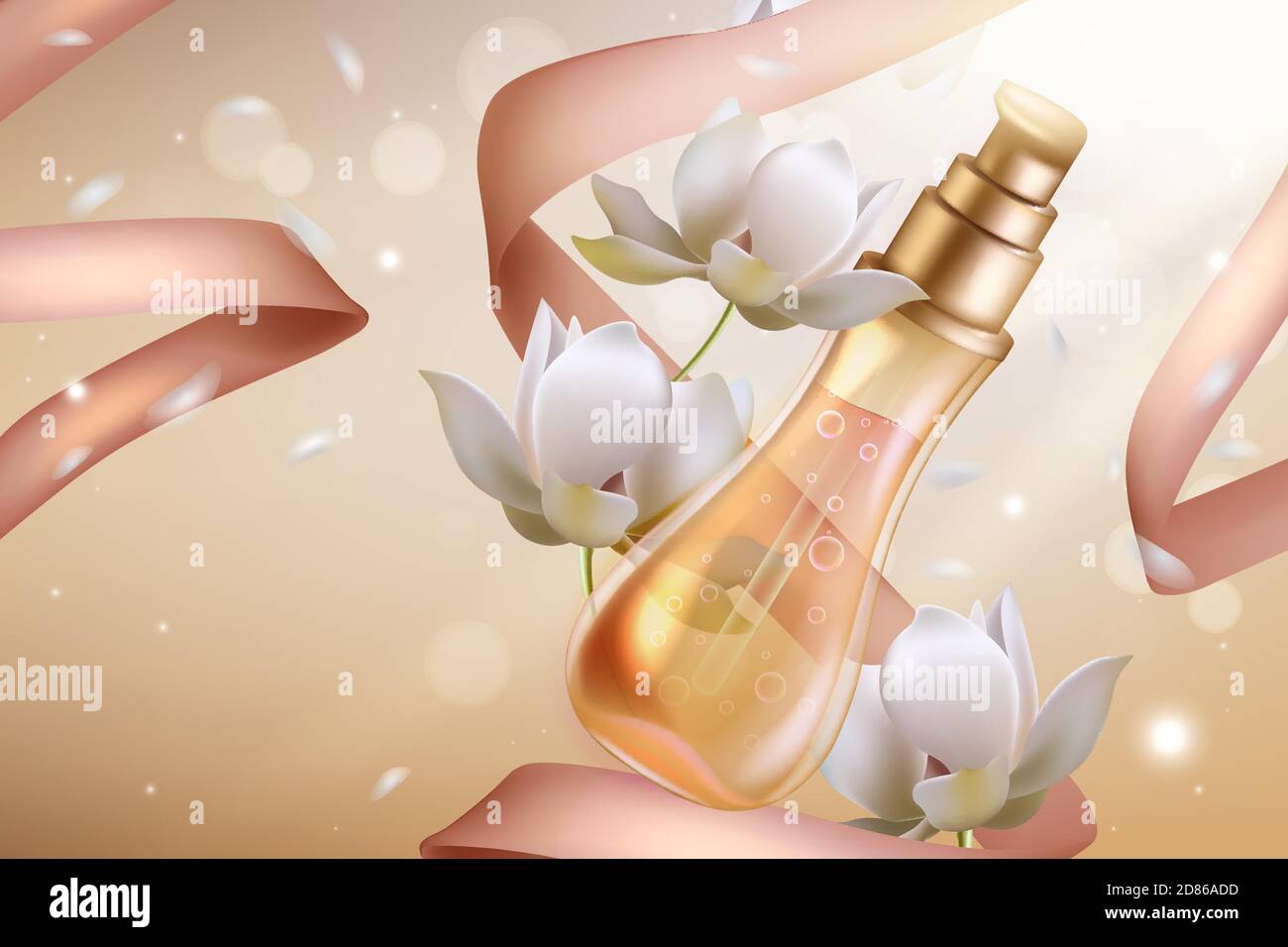 Arancio fiore profumo cosmetica illustrazione vettoriale. bottiglia in vetro spray profumato 3d con neroli ingrediente di olio essenziale e nastri decorazione fiori naturali, cosmetologia profumeria sfondo pubblicitario Illustrazione Vettoriale