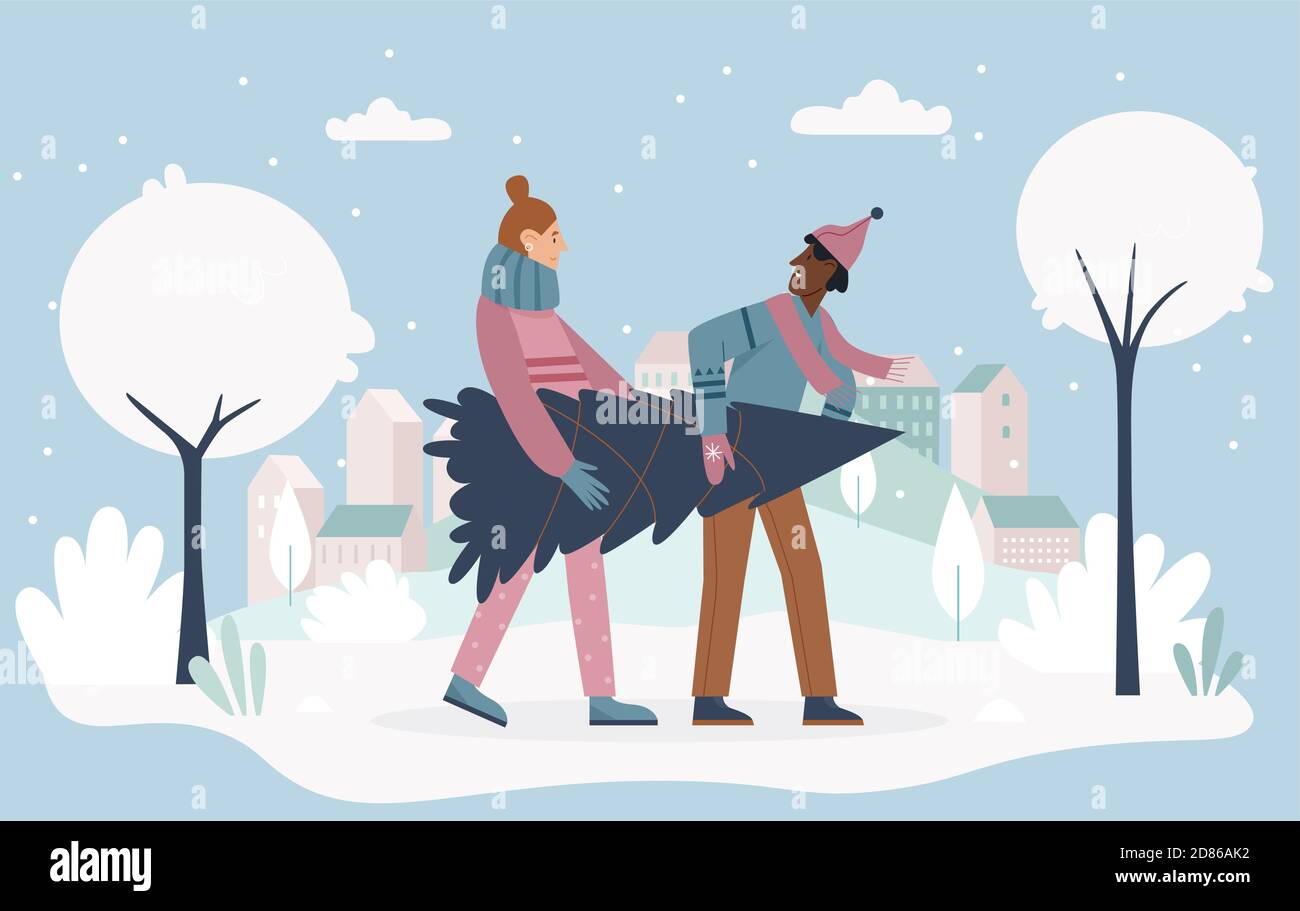 Persone che tengono albero di Natale vettore illustrazione. Cartoon coppia uomo donna personaggi che portano albero di Natale dal mercato stagionale festival, per celebrare vacanze di Natale inverno a casa sfondo Illustrazione Vettoriale