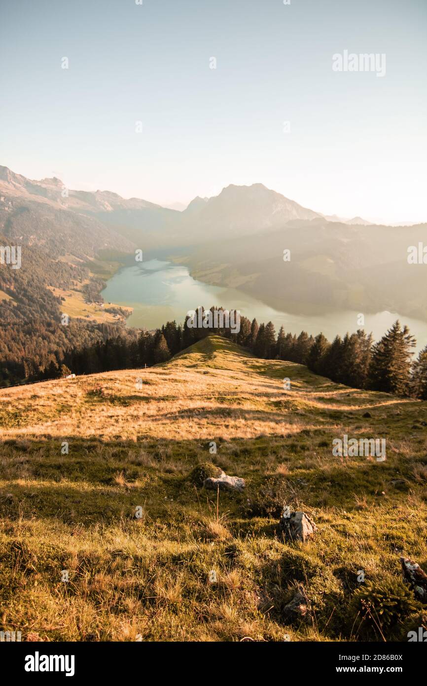 Waegitalersee, Lago in Svizzera, Tramonto in paesaggi Foto Stock