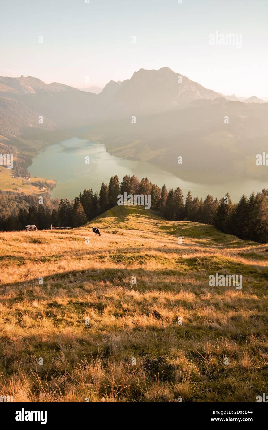 Waegitalersee, Lago in Svizzera, Tramonto in paesaggi Foto Stock