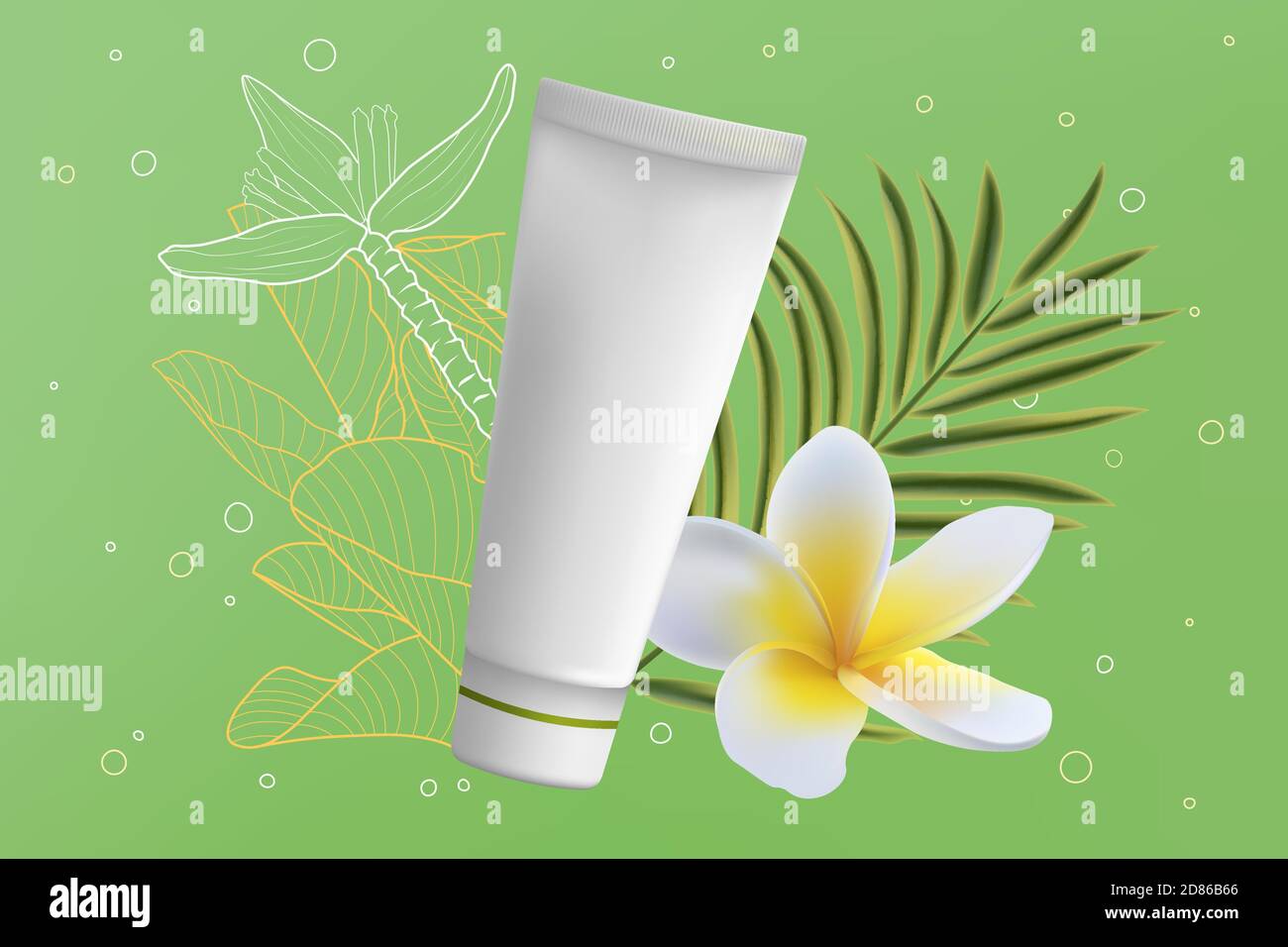 Illustrazione vettoriale dei cosmetici con tubo di crema. annunci 3d realistic pacchetto con prodotto cremoso per la bellezza viso skincare, foglie di palma verde e fiore plumeria, cosmetologia sanitaria sfondo pubblicitario Illustrazione Vettoriale