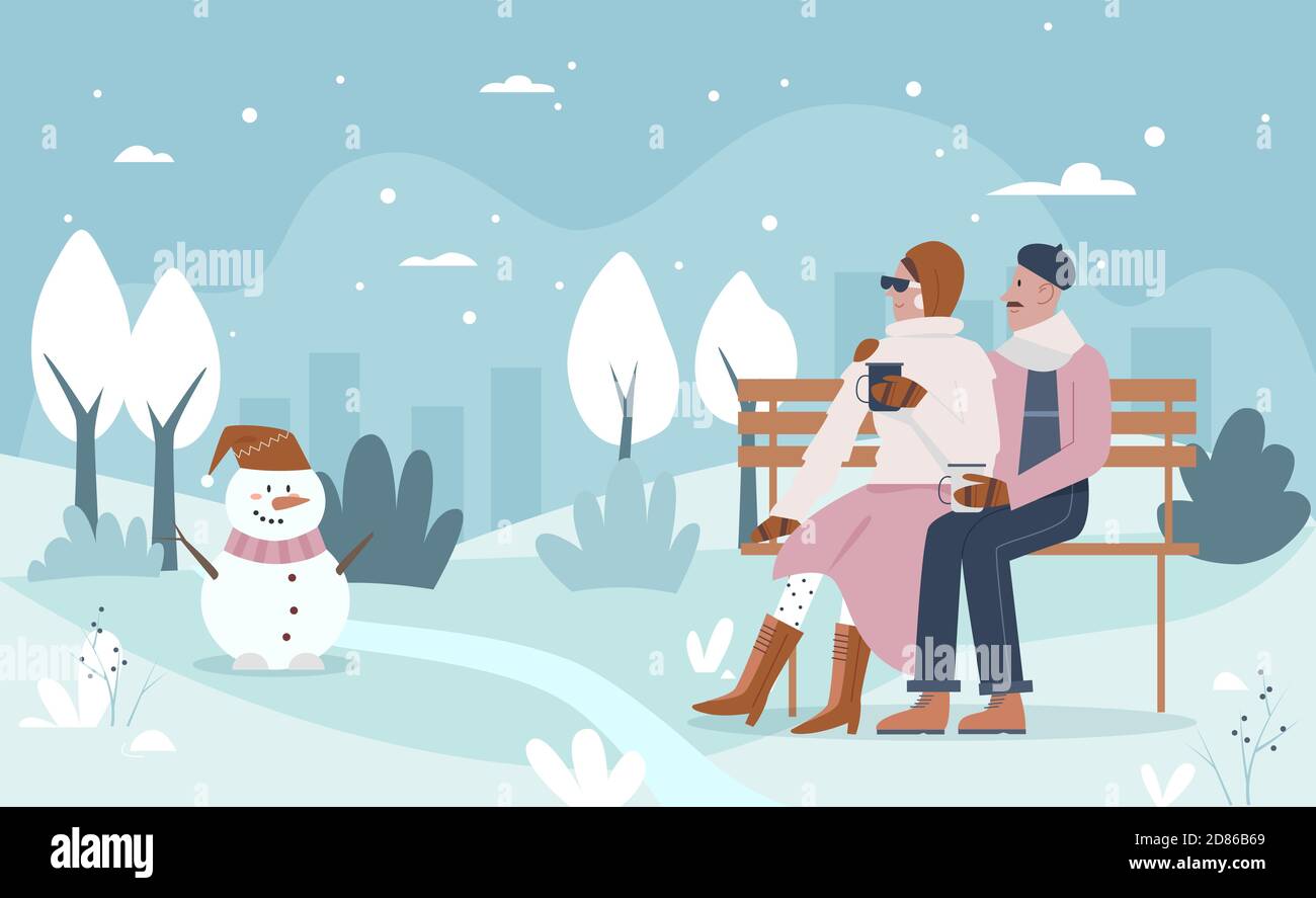 La gente gode l'illustrazione del vettore di tempo di Natale. Personaggi di Cartoon Happy Couple seduti sulla panchina del parco, bere bevande calde e godersi il paesaggio invernale di Natale sotto la neve e simpatico sfondo pupazzo di neve Illustrazione Vettoriale