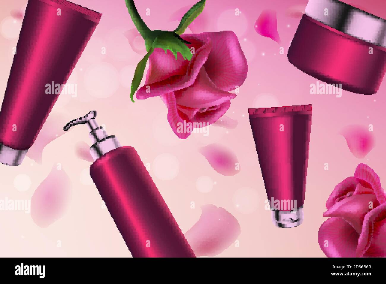 Rosa rosa cosmetici serie illustrazione vettoriale. flacone cosmetico in plastica 3d con dispenser a pompa per idratante per il corpo, confezione con tubo con crema detergente per il viso e sfondo rosa naturale Illustrazione Vettoriale