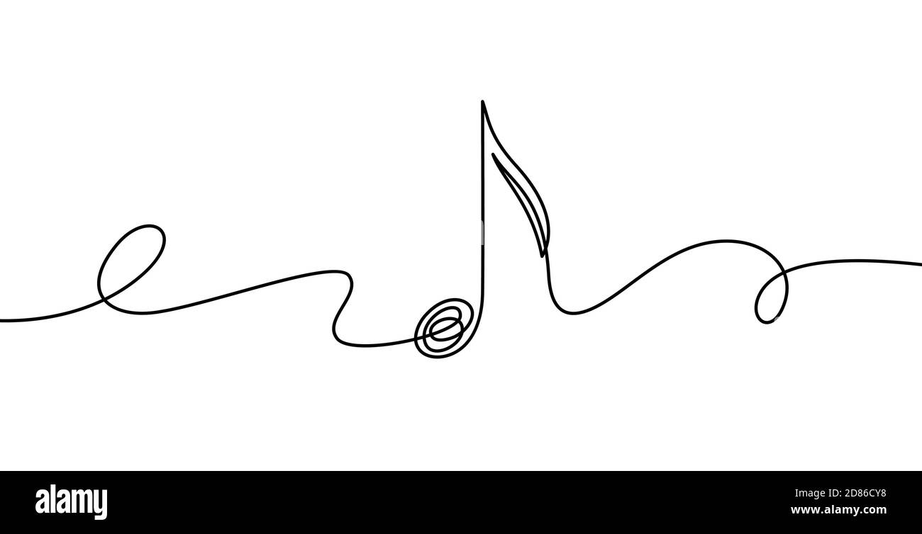 Nota musicale a linea continua. Simbolo musicale in un unico stile minimalista lineare. Onda astratta di melodia alla moda. Schizzo vettoriale del suono Illustrazione Vettoriale