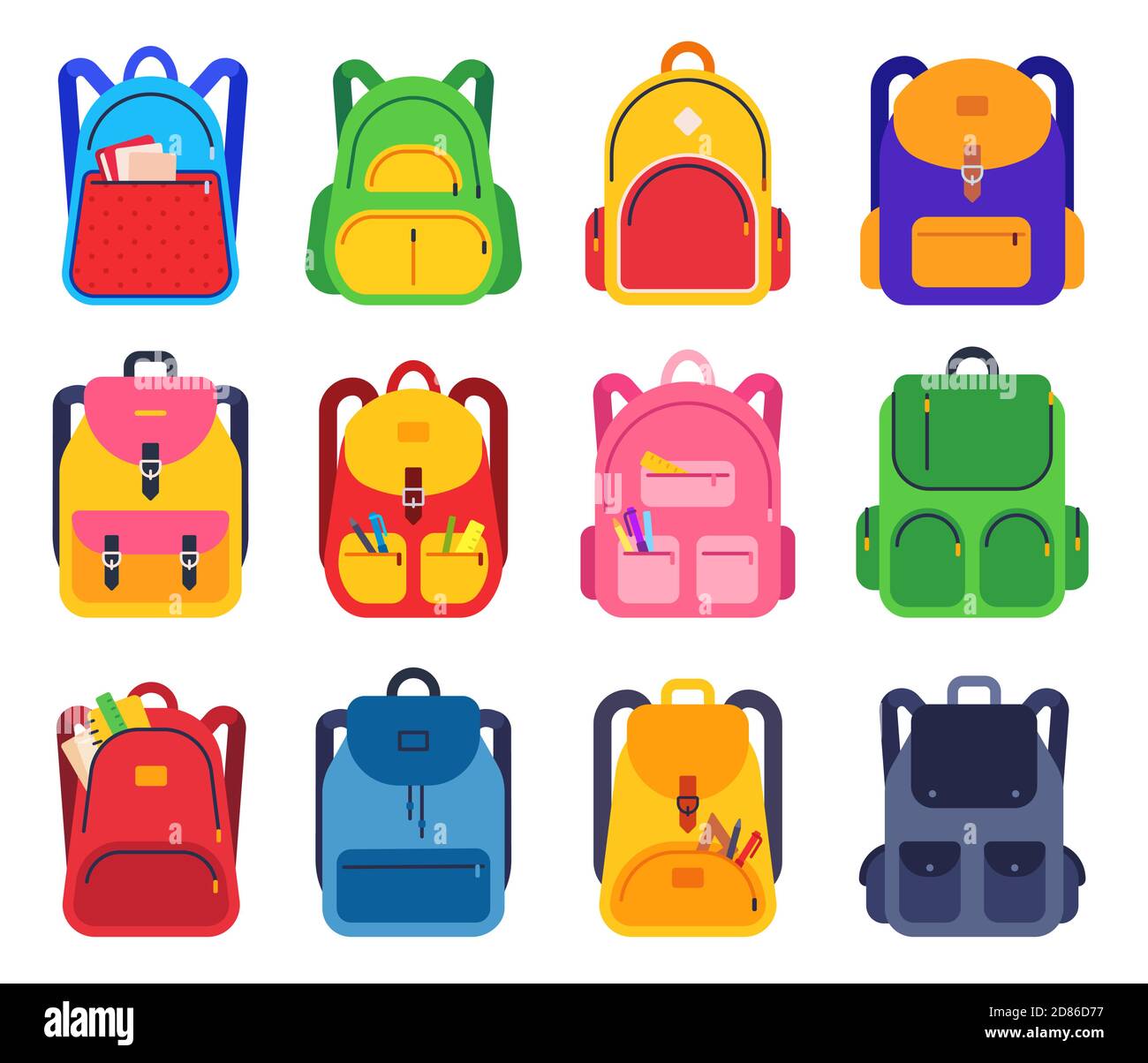 Zaino da scuola. Borse colorate con zip e tasche con articoli di cancelleria per gli studenti, zaini per viaggiare, set vettoriale piatto per lo studio Illustrazione Vettoriale
