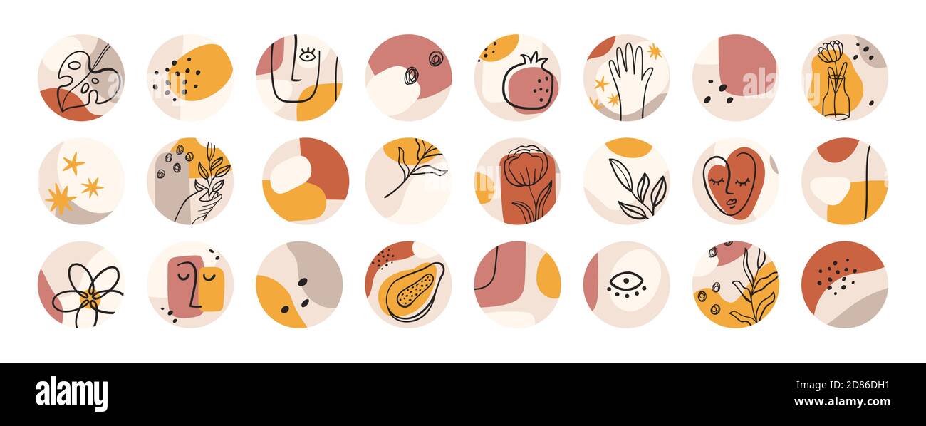 Copertine di evidenziazione astratte. Forme contemporanee e linea minimalista viso donna. Icone rotonde per storie di social media blogger, set vettoriale Illustrazione Vettoriale