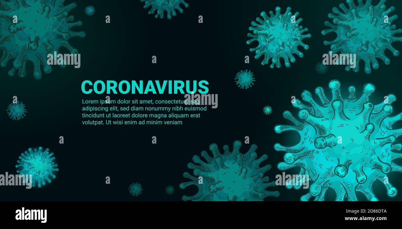 Concetto di virus. Covid-19, germi di infezione da coronavirus. Pandemia 2020 vettore monocromatico sketch concetto sanitario per striscioni e poster Illustrazione Vettoriale