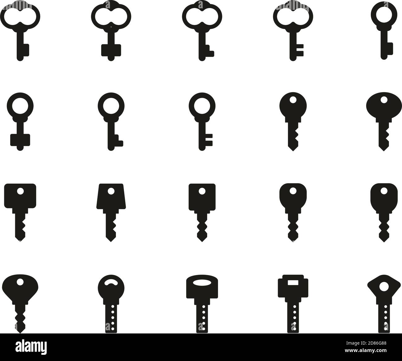 Tasti o varie forme di tasti icone in bianco e nero Imposta grande Illustrazione Vettoriale
