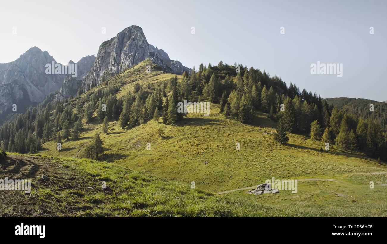 Giornata estiva soleggiata con cielo blu a Muttereralm, una delle montagne delle alpi austriache. Foto Stock