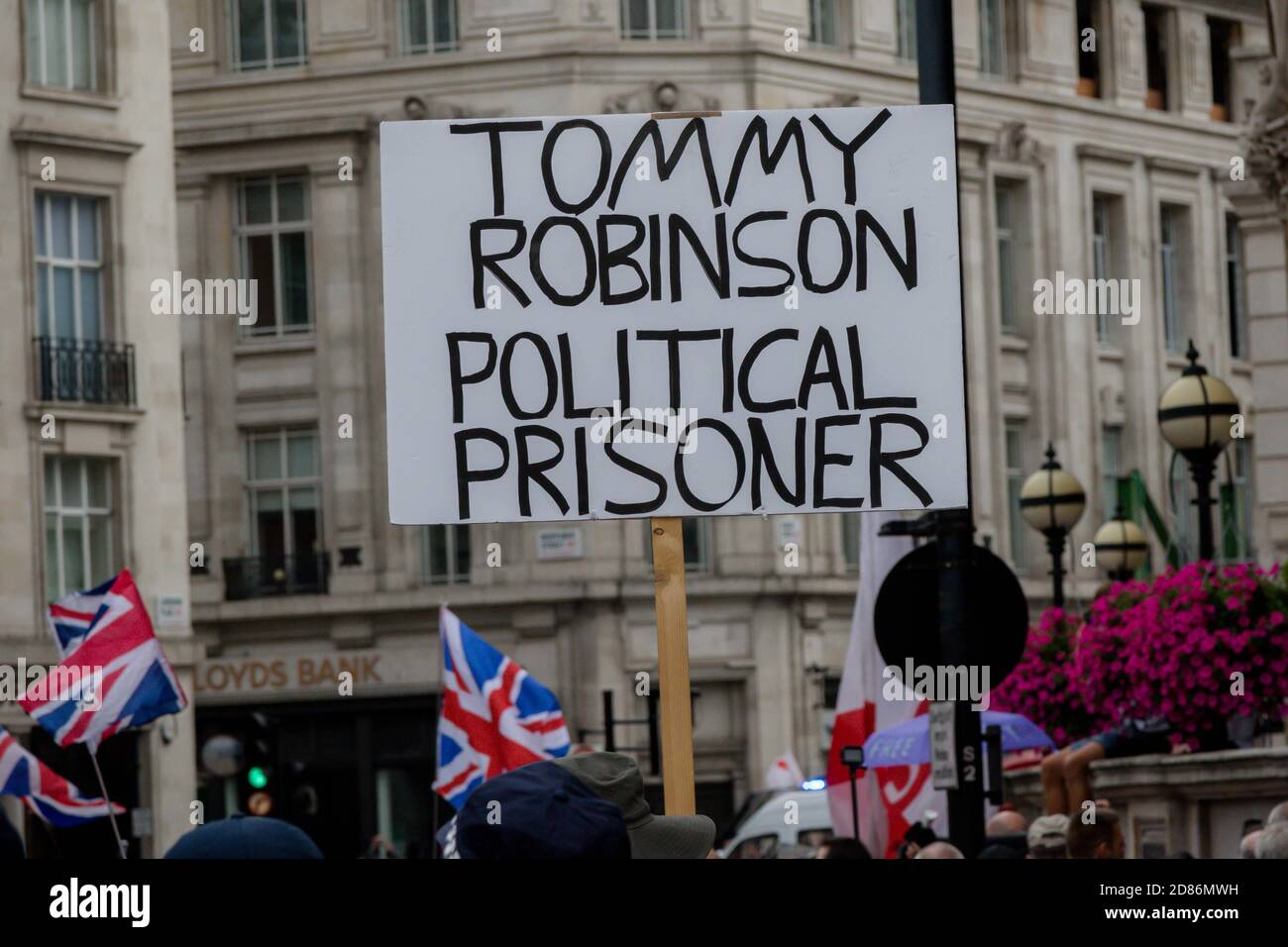 Londra, Regno Unito, 3 agosto 2019:- un segno che sostiene Tommy Robinson come prigioniero politico Foto Stock