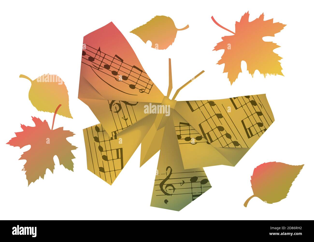 Farfalla Origami con note musicali e foglie autunnali. Illustrazione del modello di carta della farfalla nei colori autunnali che simboleggiano l'umore autunnale. Illustrazione Vettoriale