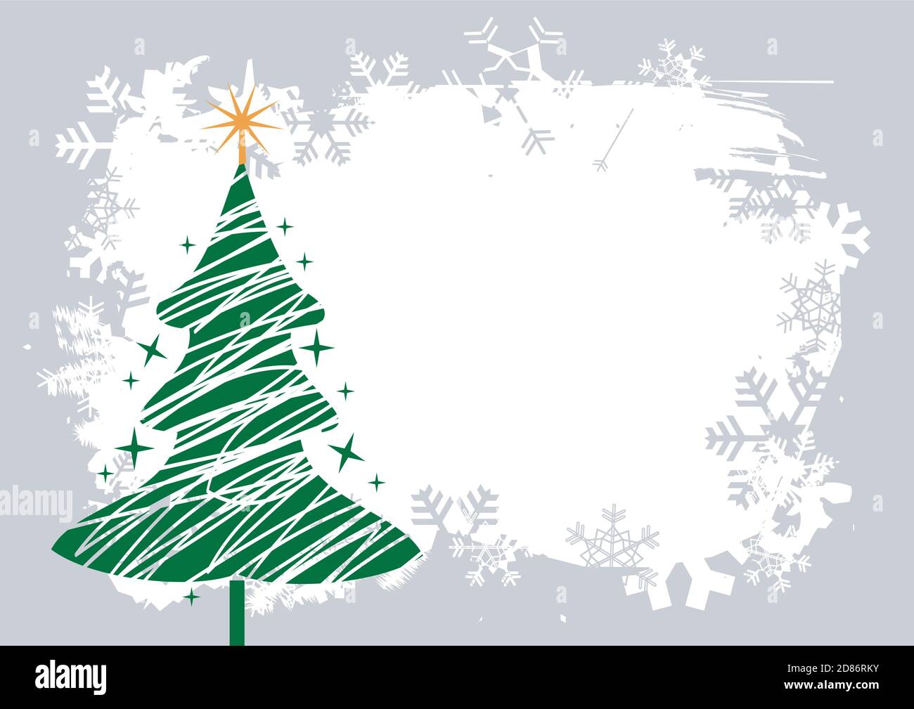 Fiocchi di neve grunge sfondo con albero di natale. Immagine di sfondo grigio invernale per il biglietto d'auguri.vettore disponibile. Illustrazione Vettoriale