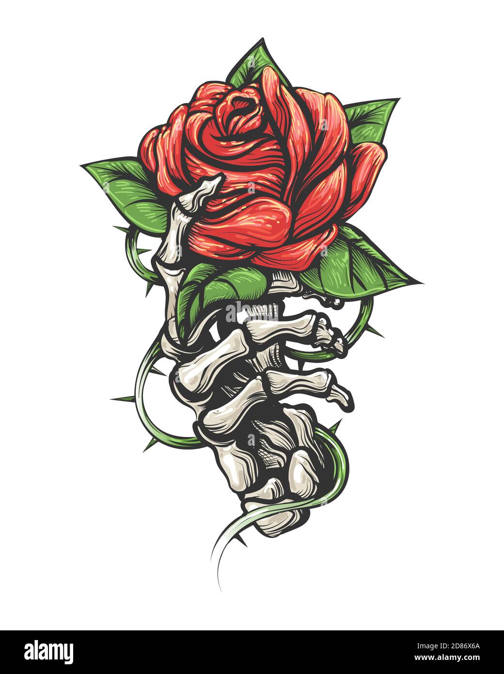 Tatuaggio del fiore di Rosa nello scheletro umano mano isolato su sfondo bianco. Illustrazione vettoriale. Illustrazione Vettoriale