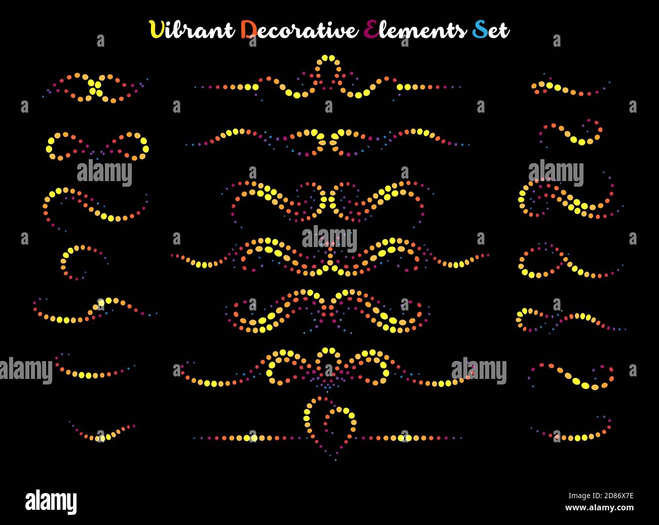 Set di colorati e vivaci elementi decorativi isolati su sfondo nero. Illustrazione vettoriale. Illustrazione Vettoriale