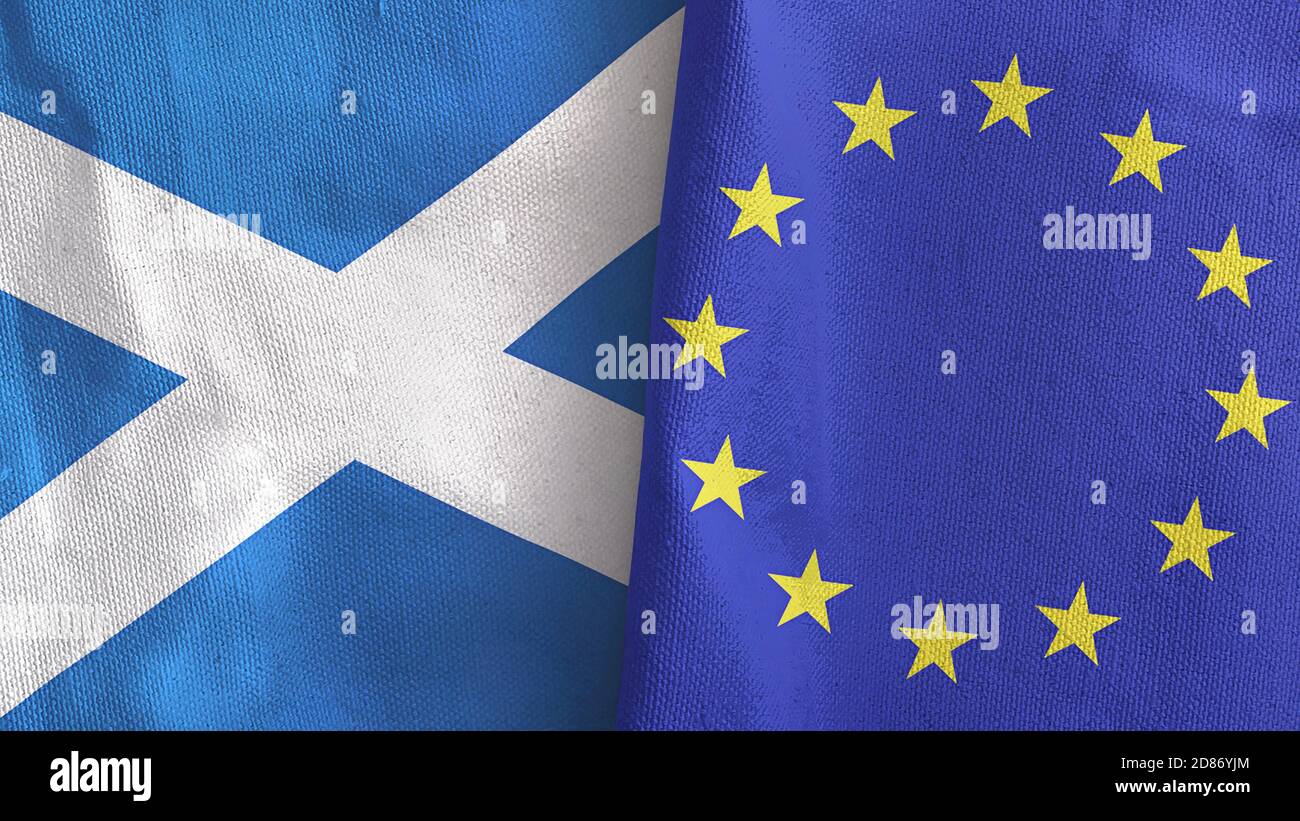 Unione europea e Scozia due bandiere di tessuto 3D rendering Foto Stock