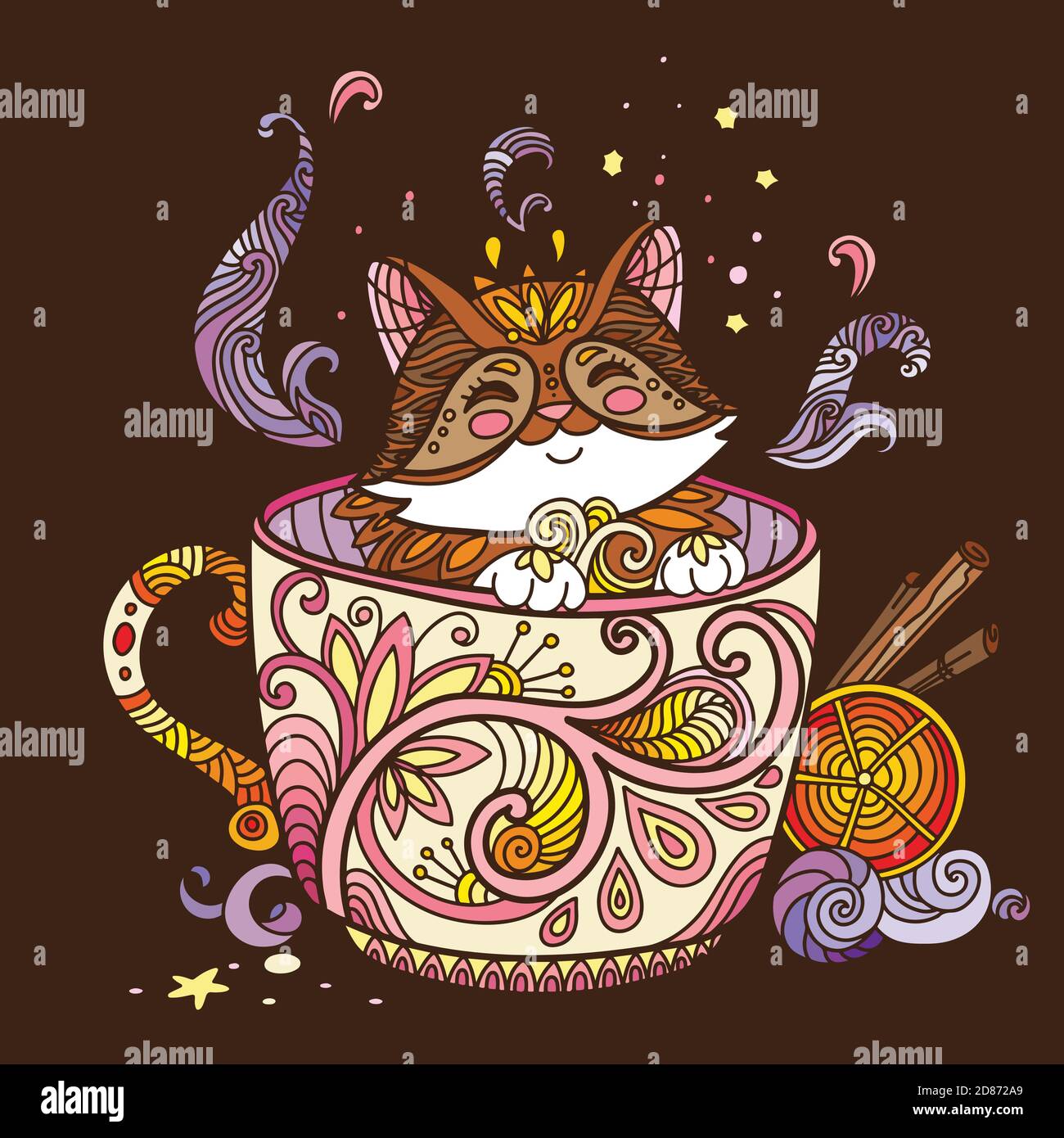 Carino gatto kawaii in una tazza. Illustrazione antistress per adulti con animale a groviglio isolato su sfondo marrone. Illustrazione vettoriale colorata per pri Illustrazione Vettoriale