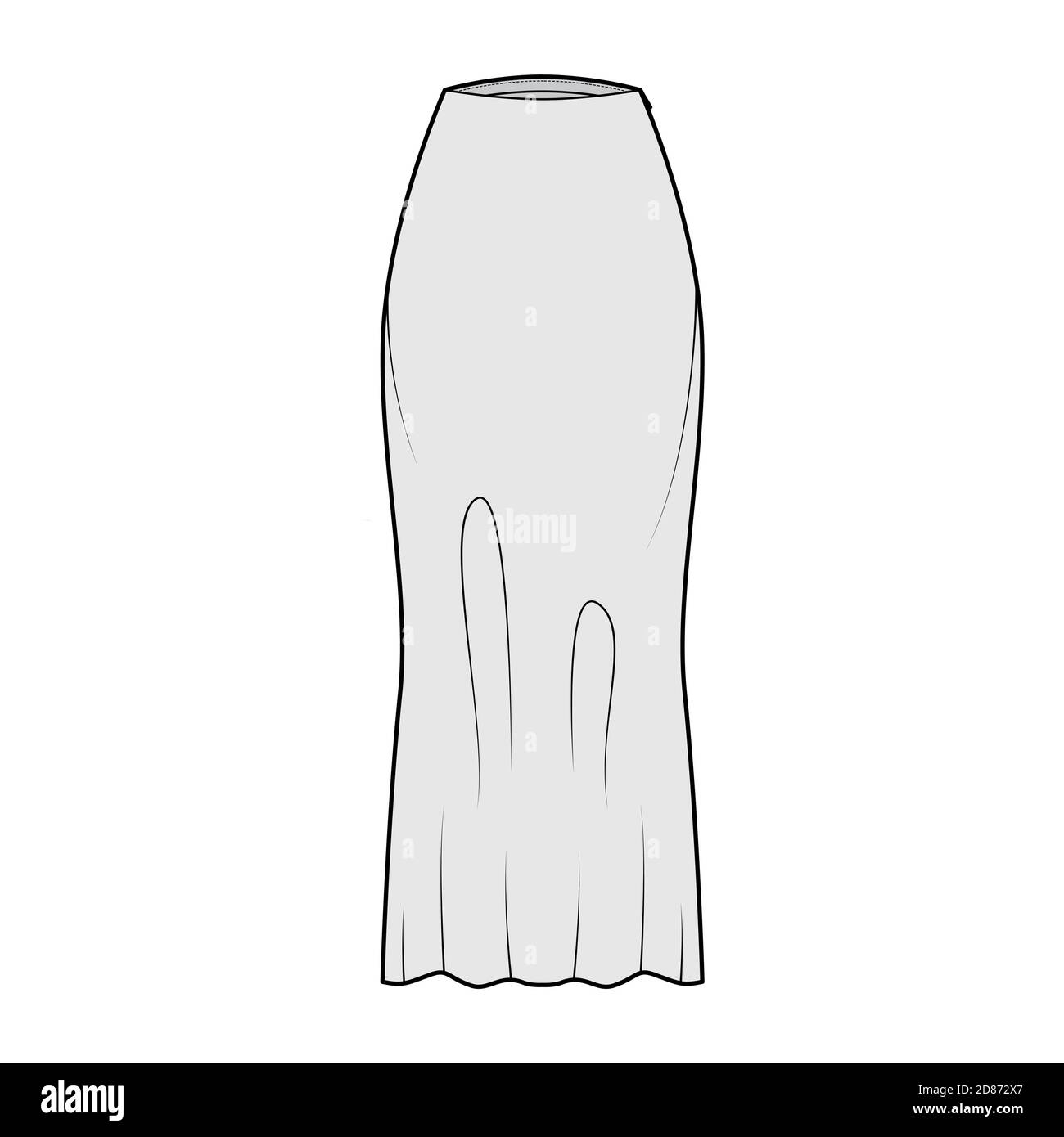 Gonna lunga deviazione taglio tecnico moda illustrazione con maxi lunghezze silhouette, semi-fit fullness. Lato anteriore del modello a fondo piatto, colore grigio. Donne, uomini, unisex CAD mockup Illustrazione Vettoriale