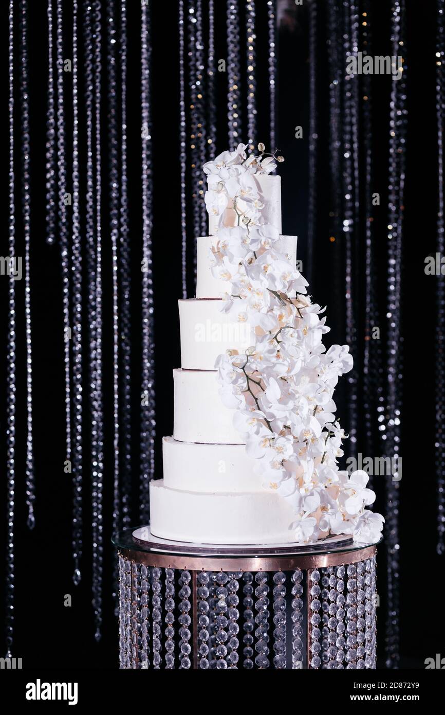 Torta nuziale a sei piani decorata con orchidee bianche. Torta nuziale su sfondo scuro e brillante Foto Stock